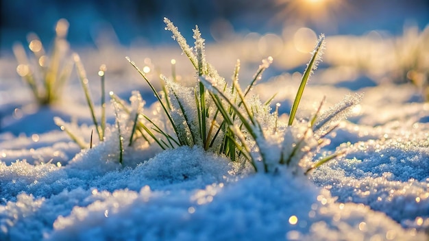 Forced perspective snow covered grass closeup is perfect for a wallpaper