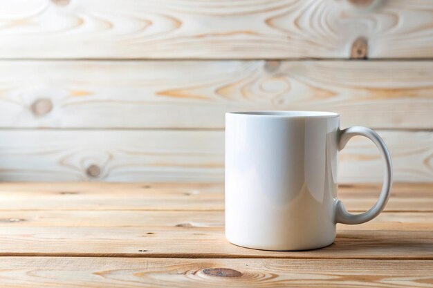 Photo forced perspective white coffee mug mock up on a light wooden table