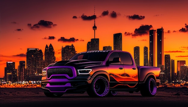 A ford ranger is shown in front of a cityscape