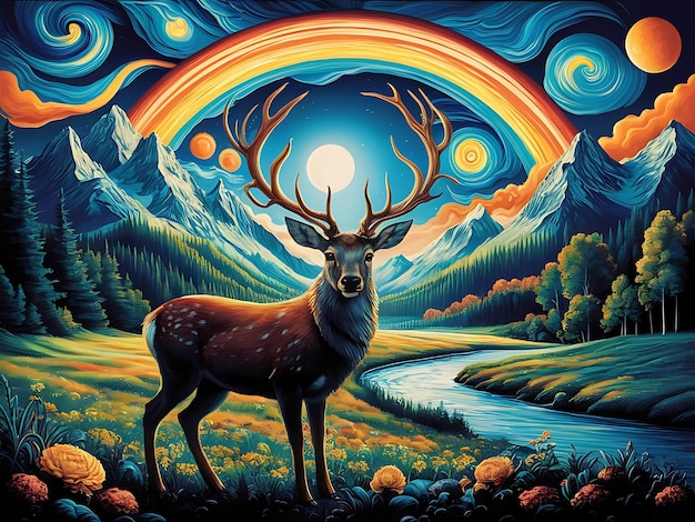 The Forefront Stands a Majestic Deer With Large Ornate Antlers