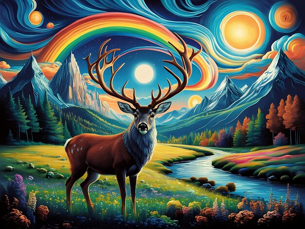 The Forefront Stands a Majestic Deer With Large Ornate Antlers