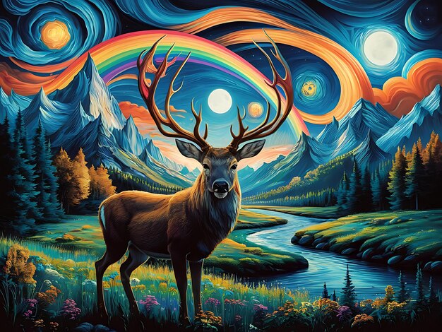 The Forefront Stands a Majestic Deer With Large Ornate Antlers