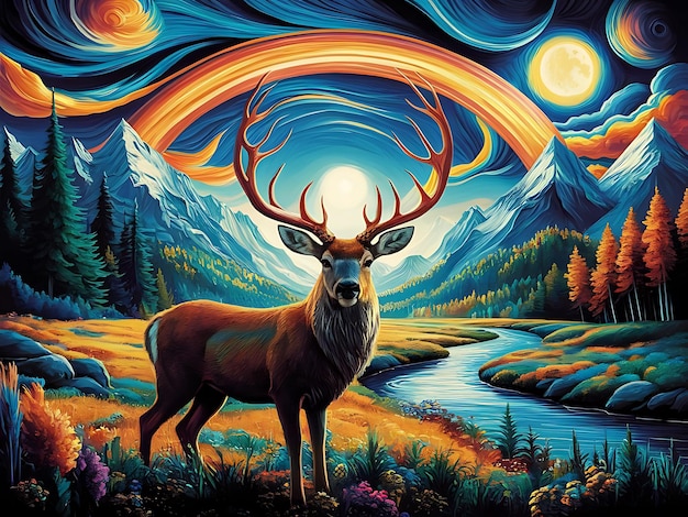 The Forefront Stands a Majestic Deer With Large Ornate Antlers