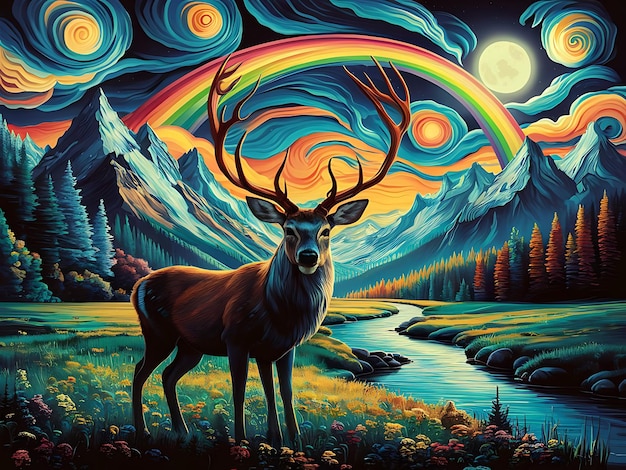 The Forefront Stands a Majestic Deer With Large Ornate Antlers