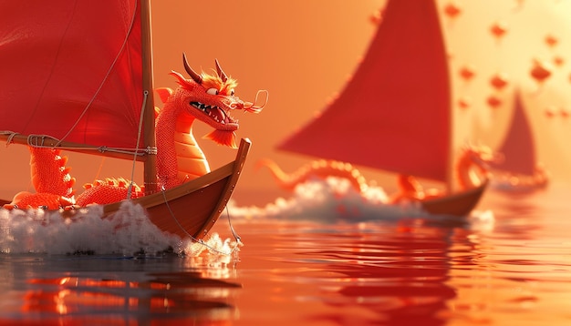 in the foreground are two cute red Chinese dragons driving a sailboat