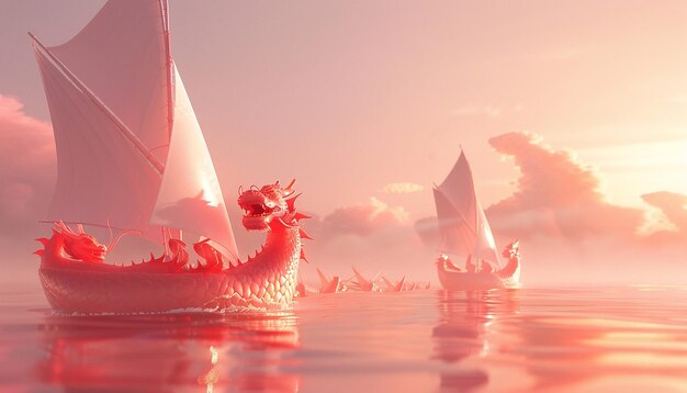 in the foreground are two cute red Chinese dragons driving a sailboat