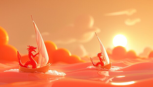 in the foreground are two cute red Chinese dragons driving a sailboat