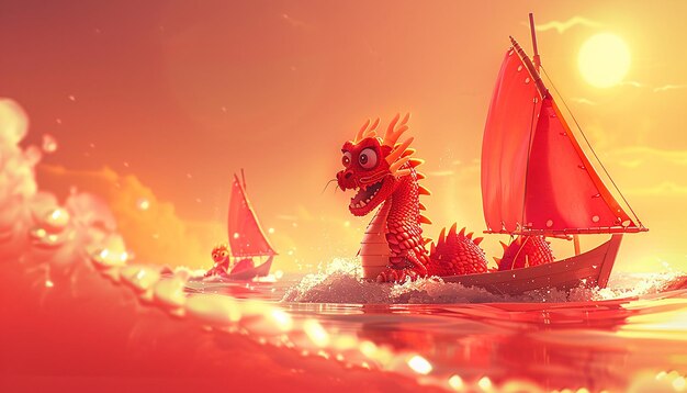 in the foreground are two cute red Chinese dragons driving a sailboat