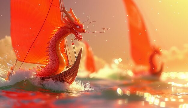 in the foreground are two cute red Chinese dragons driving a sailboat