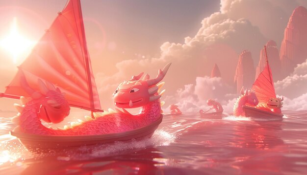 in the foreground are two cute red Chinese dragons driving a sailboat