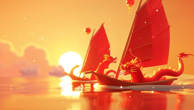 in the foreground are two cute red Chinese dragons driving a sailboat