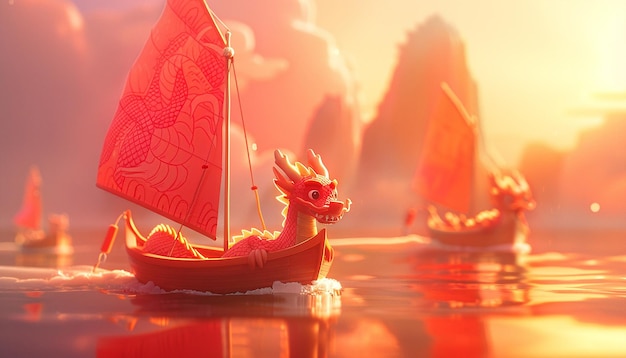 Photo in the foreground are two cute red chinese dragons driving a sailboat