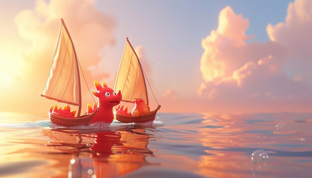 in the foreground are two cute red Chinese dragons driving a sailboat