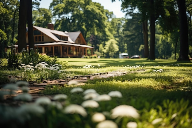 In the foreground a beautiful lawn in the background a blurred image of garden trees