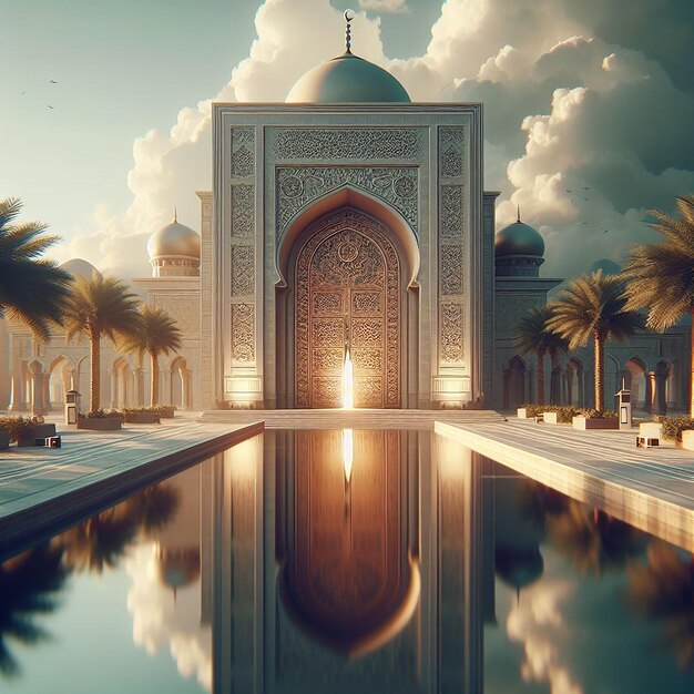 Foreground Reflecting Pool Mirroring Mosque Door and Sky Symbolizing Tranquility