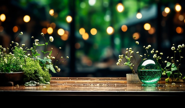 Foreground table with green blurred background