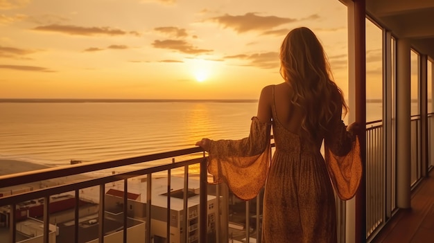 Foreign woman standing back view and enjoying large balcony at sunset with sea view