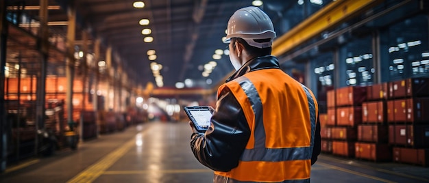 Foreman working in the yard of a container goods ship inspecting an online equipment for the logistics importexport background