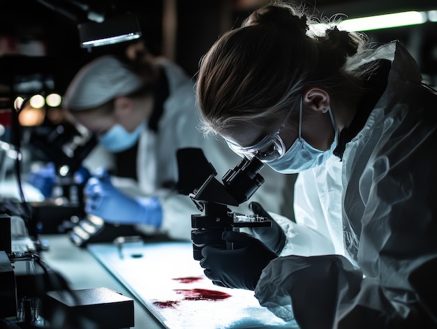 Photo forensic biologists using microscopes to examine biological evidence such as hair blood and tissue samples for criminal investigations