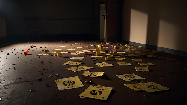 Photo forensic evidence markers in a dimly lit room crime scene photography