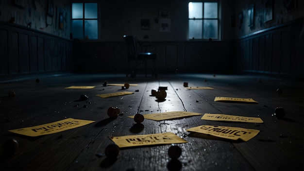 Photo forensic evidence markers in a dimly lit room crime scene photography