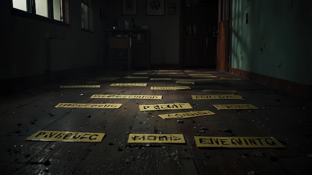 Forensic Evidence Markers in a Dimly Lit Room Crime Scene Photography