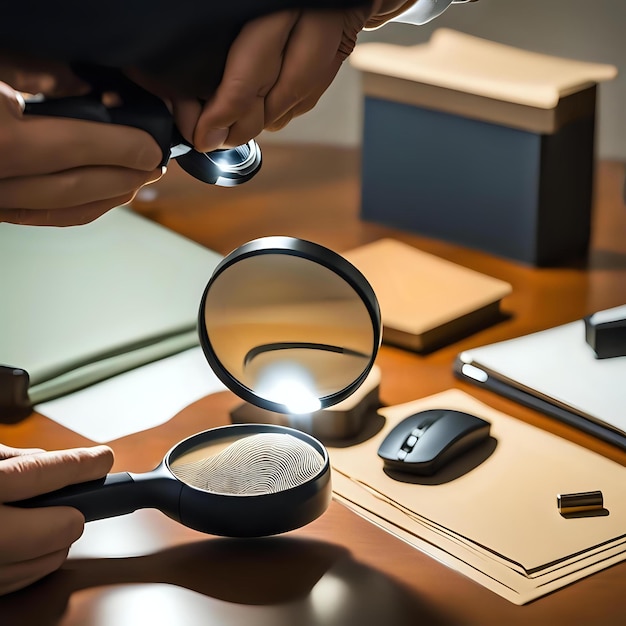 Photo forensic expert examines fingerprint with magnifying glass and light source