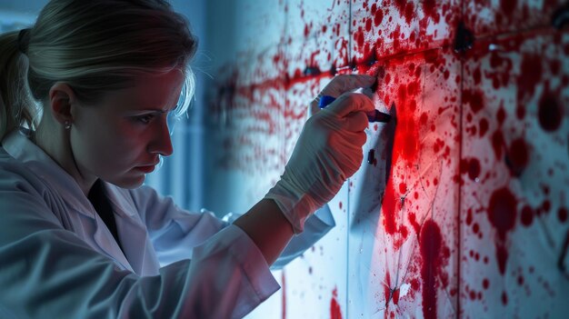 Photo a forensic scientist highlighting blood spatter patterns on a wall for analysis