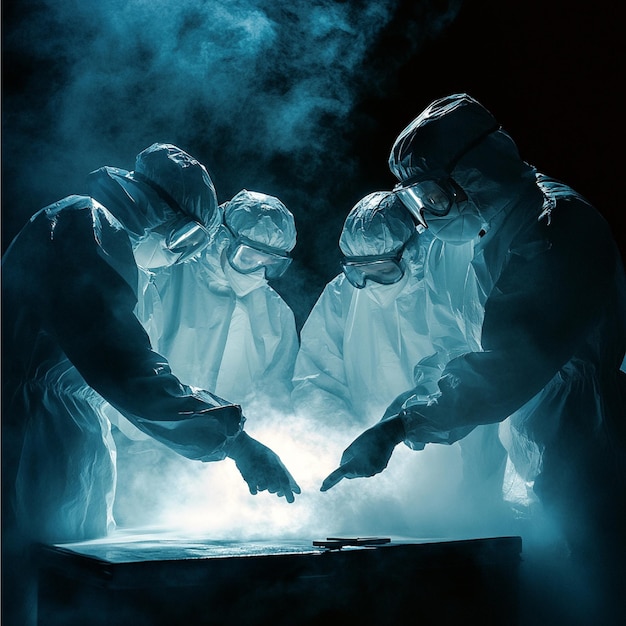 Photo a forensic team dusting for fingerprints on a crime scene object