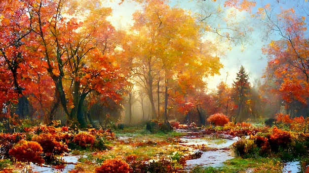 Forest in autumn scenery realistic digital painting