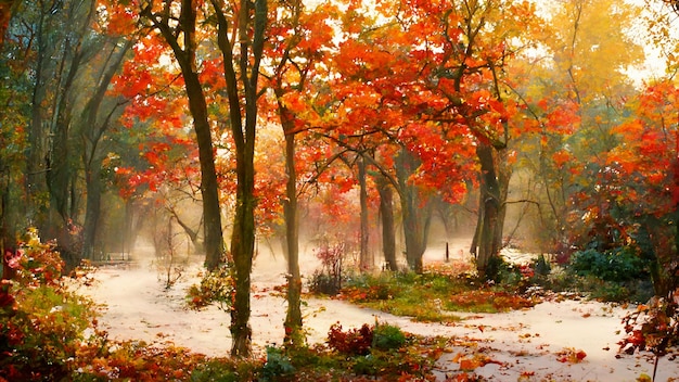 Forest in autumn scenery realistic digital painting