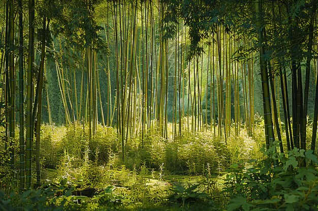 a forest of bamboo with the sun shining through