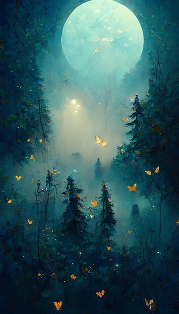 Forest blue glowing butterflies mild fog moonlight 3D illustration