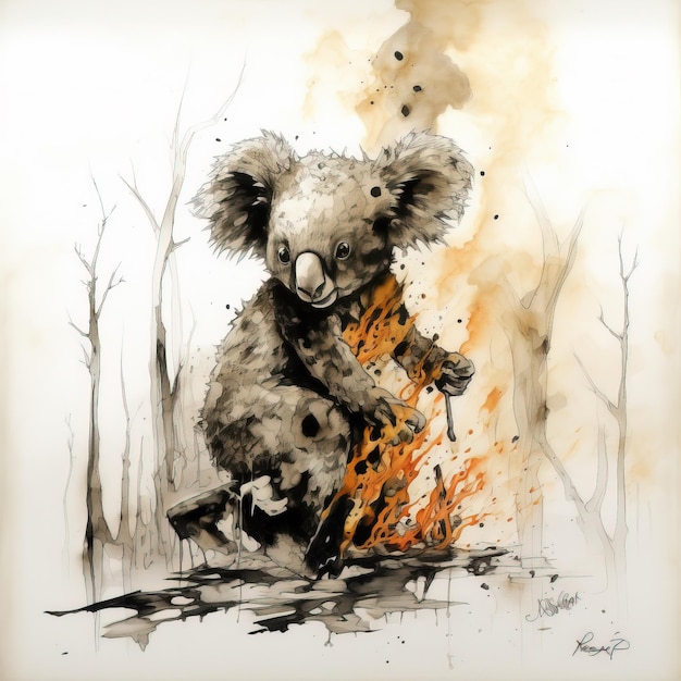 Forest burn koala watercolor High quality picture for your work Generative Ai Forest burn koala watercolor