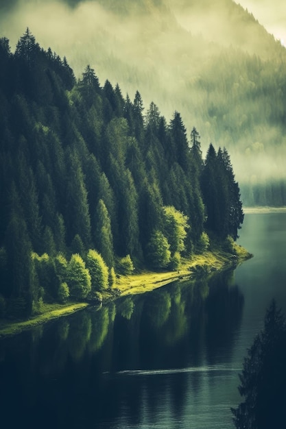 A forest by the lake with a green tree on the shore