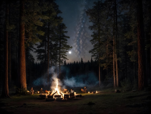 A forest campfire encircled by rustic stones providing warmth and light in the heart of the woods