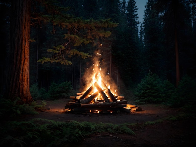 A forest campfire encircled by rustic stones providing warmth and light in the heart of the woods