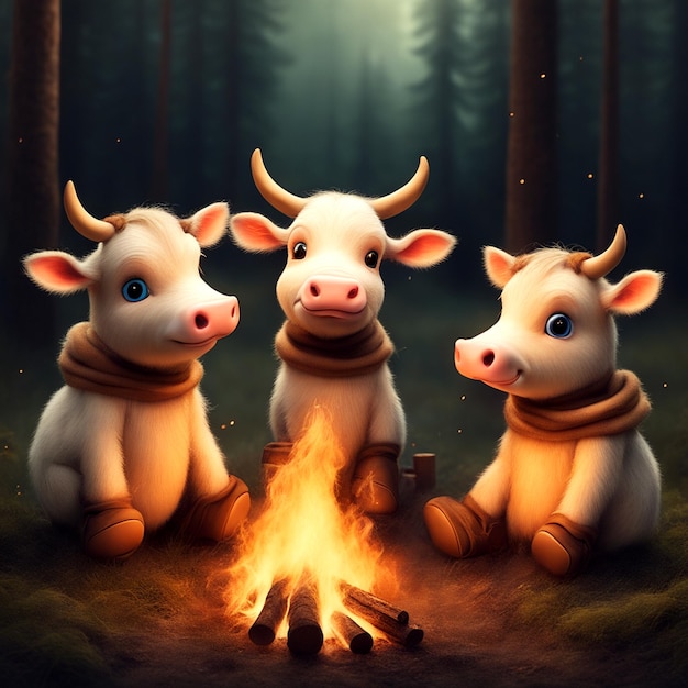 Forest Campfire Serenity Trio of Cute Baby Moose