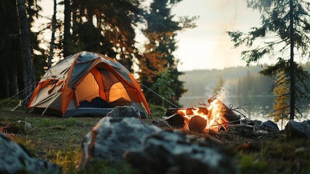 Forest camping photo showing bonfire with a tent in the background