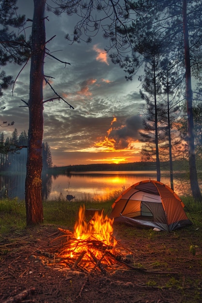 Forest camping photo showing bonfire with a tent in the background