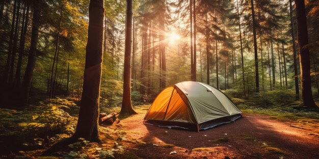 Forest Campsite with Morning Sunlight Camping Spot With Sun Rays Generative AI