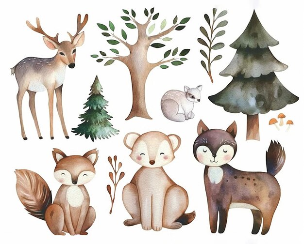 Forest cartoon animals leaves stump spruce plants for cute baby cards and baby showers Watercolor set