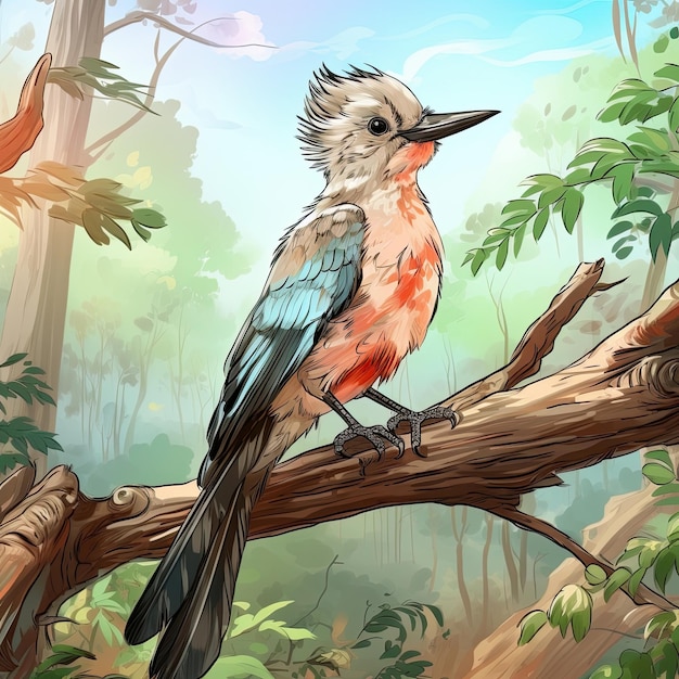 In a forest a colorful bird perches on a branch Generative AI