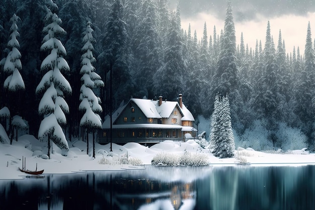 Forest covered in snow near a lakehouse