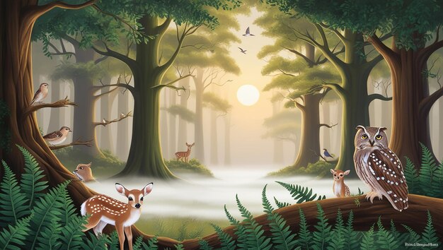 Photo forest at dawn illustrated animals peeking through the trees