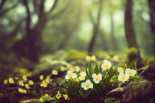 Forest edges with wild beautiful flowers time of new life natural motifs