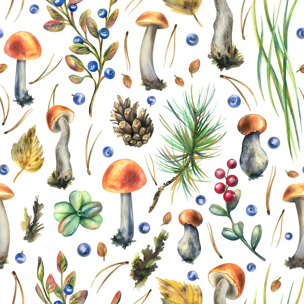 Forest edible boletus mushrooms with blueberries lingonberries twigs cones grass and autumn leaves Watercolor illustration hand drawn Seamless pattern on a white background