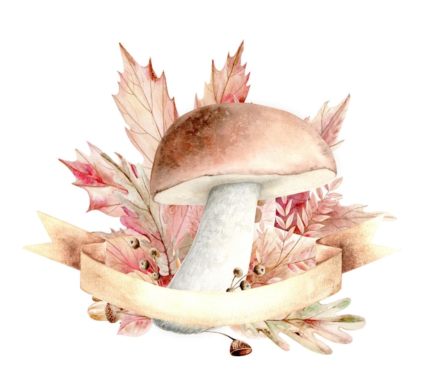 Photo forest edible mushroom and autumn leaves scroll for inscription watercolor illustration on a white