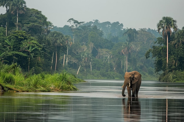 Forest elephant and Lekoli River in Odzala Kokoua National Park Congo