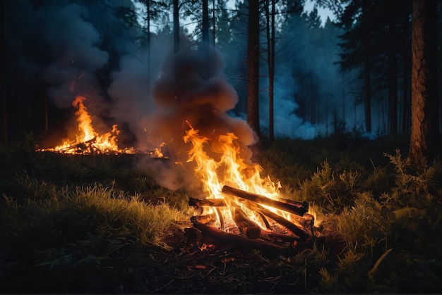 a forest engulfed in flames and smoke at night The blazing fire illuminates the dark sky